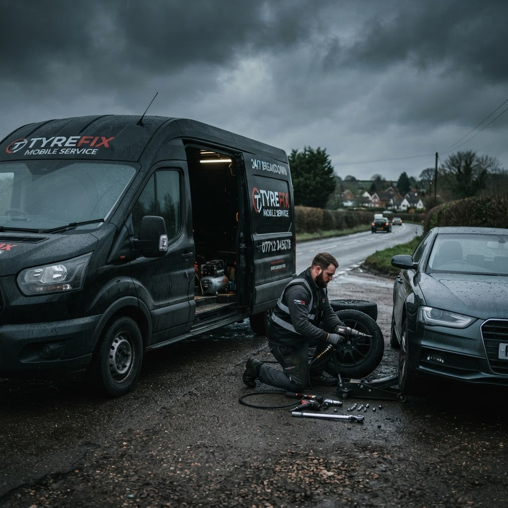 Mobile Tyre Pros service van with a technician fitting a tyre at the roadside